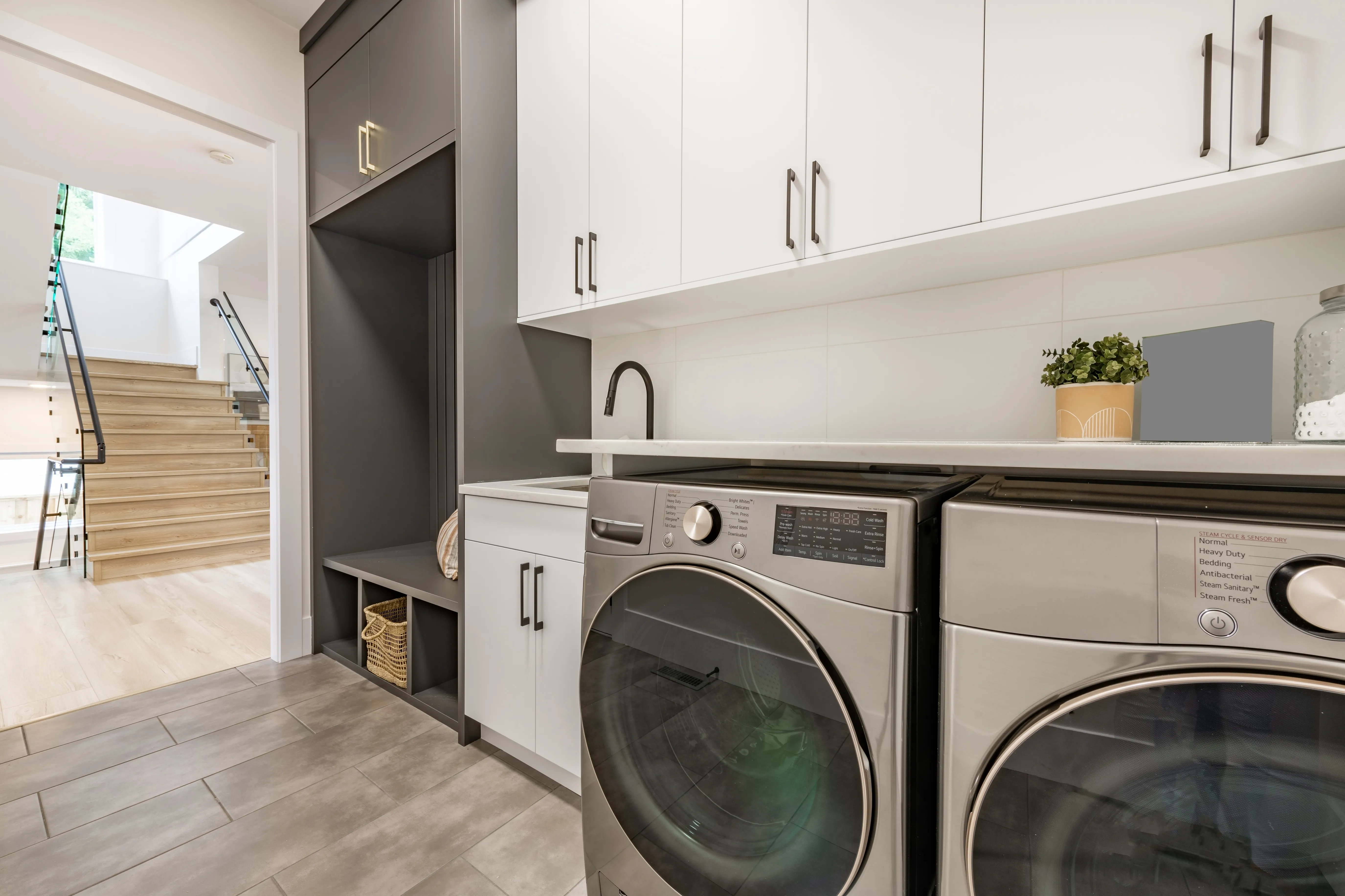 Modern washer and dryer installed in a home